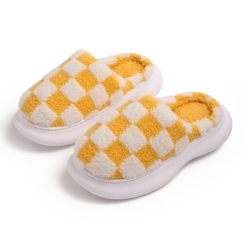 Checkerboard Plus Velvet Thick Cotton Slipper - Mubimart -  