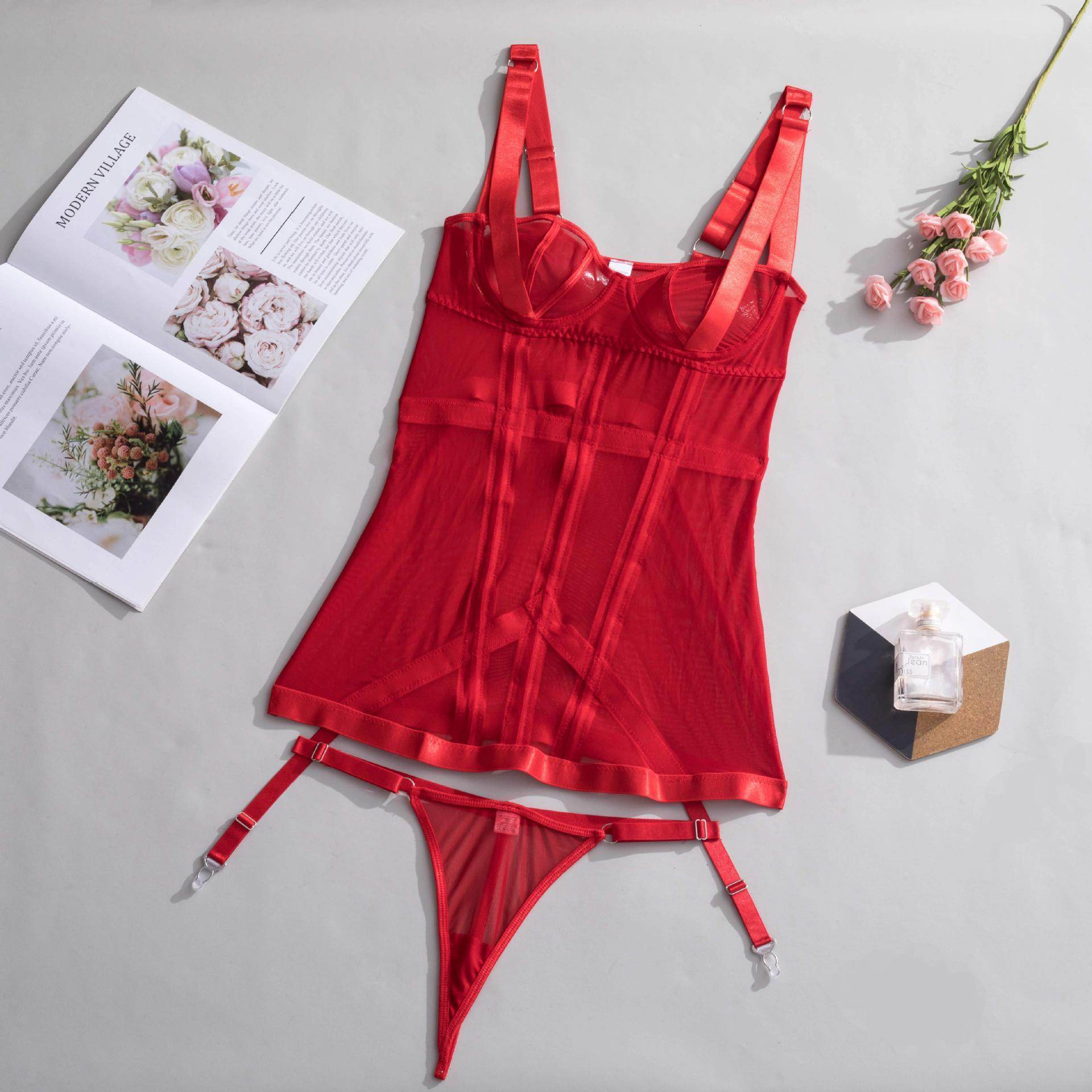 Heavy Craft Mesh Stitching Light Belt Jumpsuit Garter T-back - Mubimart