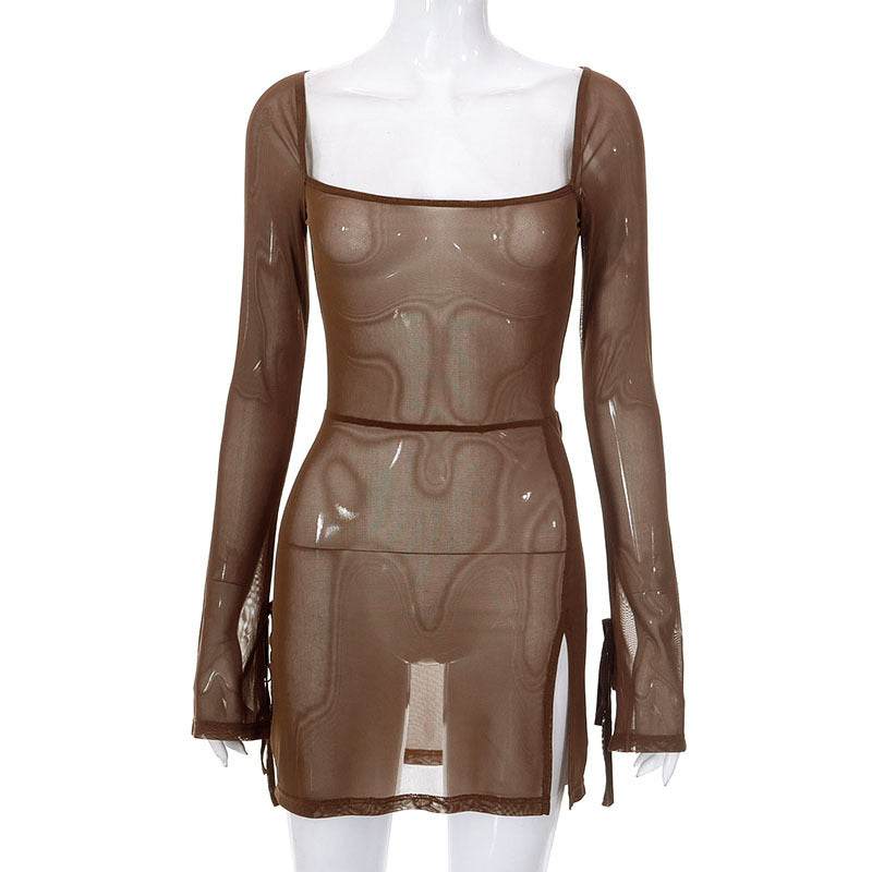 Ins Square-neck Long Sleeve Dress Fashion Slim Hip-covering Split Design Short Skirt Women's Clothing - Mubimart