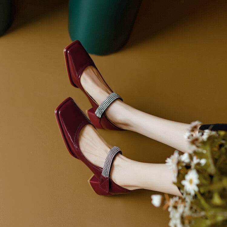 Retro Rhinestone Strap Square Toe Pumps - Mubimart