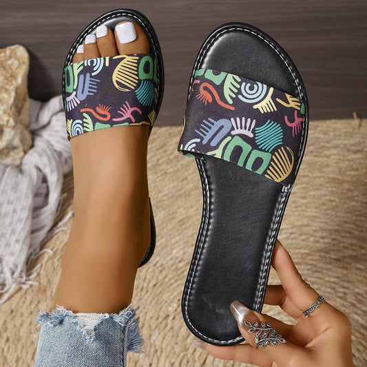 New Fashion Graffiti Print Sandals For Women Summer Round Toe Low Heel Flat Slippers For Women Slides Casual Beach Shoes - Mubimart