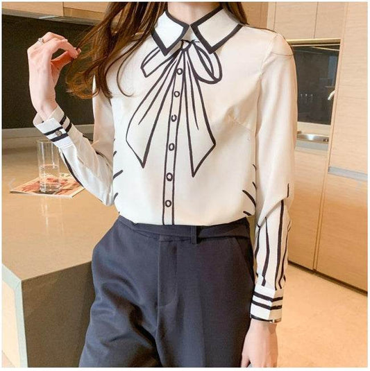 Silk Blouse Women Fake Bow-knot Printing Blouse Satin Silk Long-sleeved Shirt - Mubimart