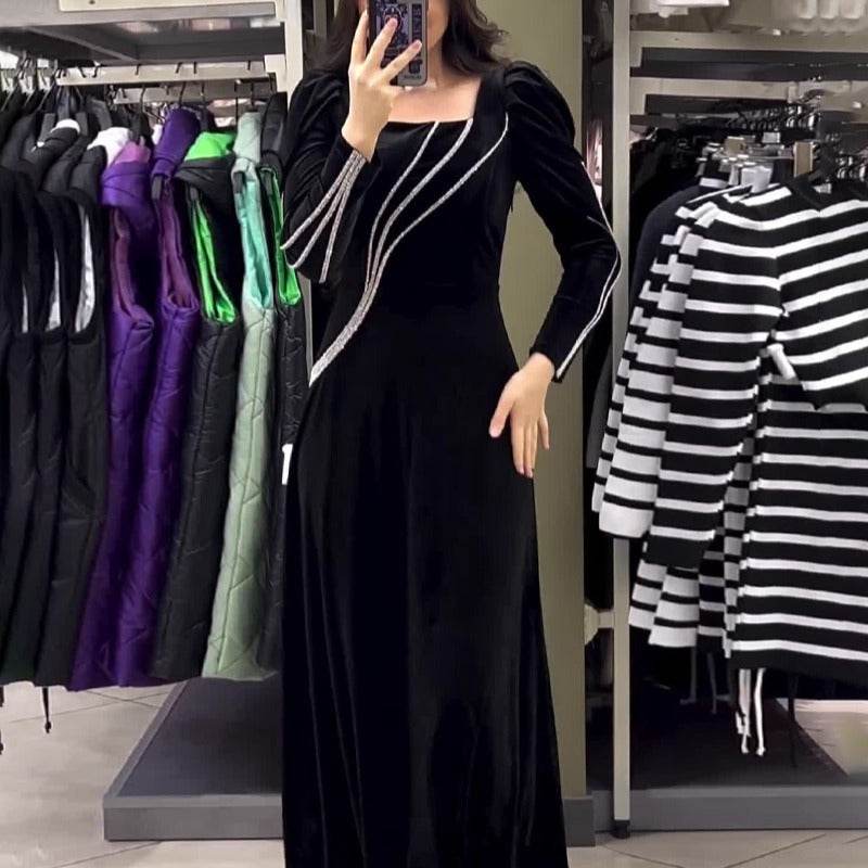 Long Sleeve Rhinestone Maxi Dress - Mubimart