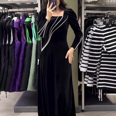 Long Sleeve Rhinestone Maxi Dress - Mubimart - Plus Size Maxi Dress 