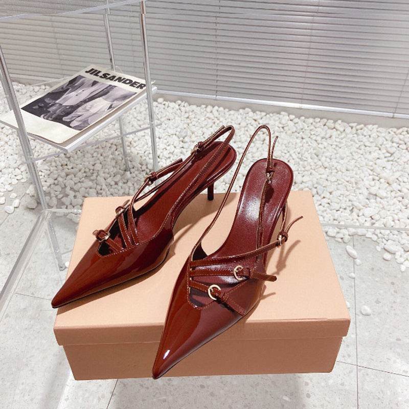 French Style Pointed Toe Kitten Heel Sandals Closed Toe Back Strap High Heels Belt Buckle - Mubimart