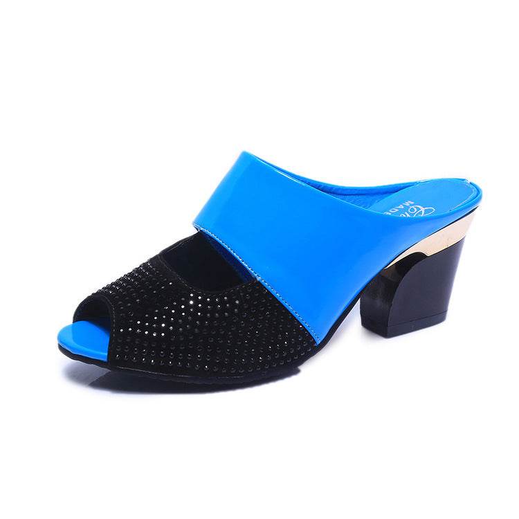Patent leather rhinestone block heel sandals - Mubimart