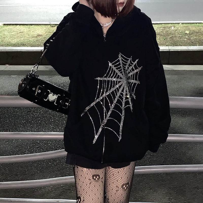 Hoodie Round Neck Loose Letter Rhinestone Zipper - Mubimart