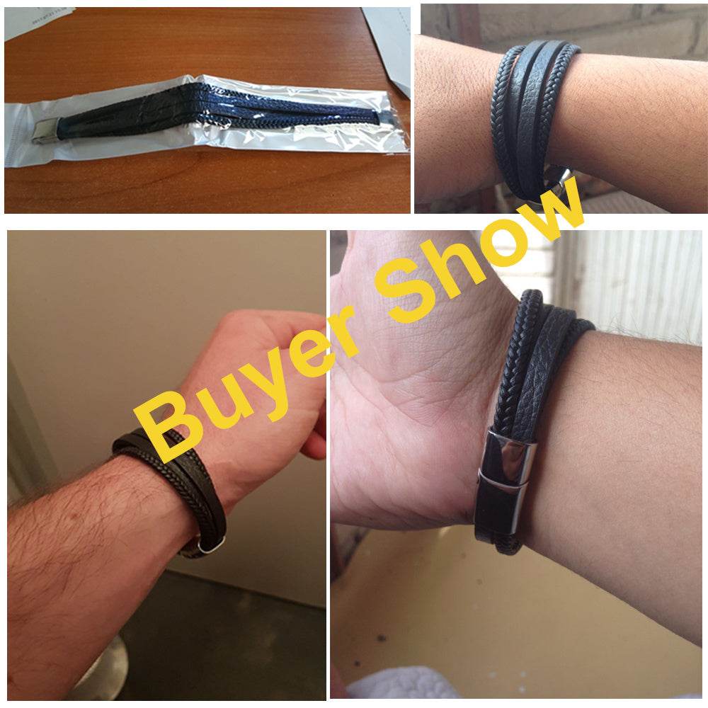 Bracelets & Bangles Men Stainless Steel Leather Bracelets Braided Rope Magnetic Clasp Male Bangles Jewelry New - Mubimart