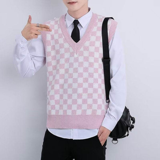 V-neck Knitted Boys' Checkered Sweater Vest - Mubimart