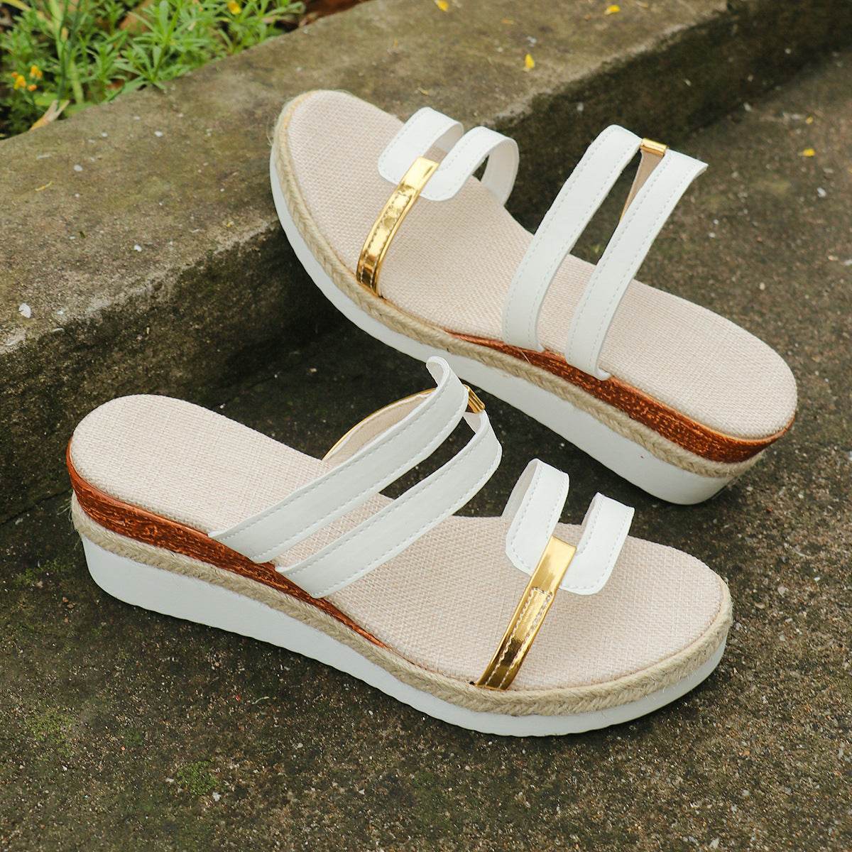 Colorblock-strap Wedges Sandals Summer Fashion Hemp Heel Slides Slippers Outdoor Thick Bottom Fish Mouth Shoes For Women - Mubimart