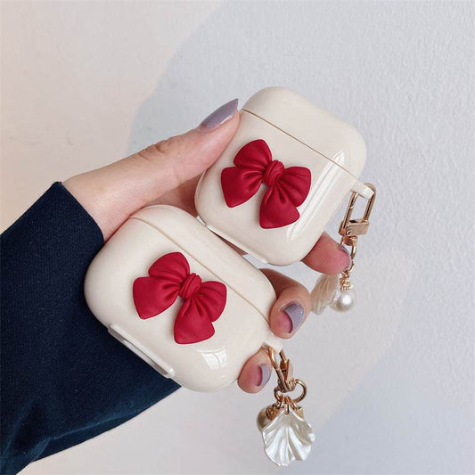 Beige Red Bow Shell Pendant Wireless Earphone Case - Mubimart