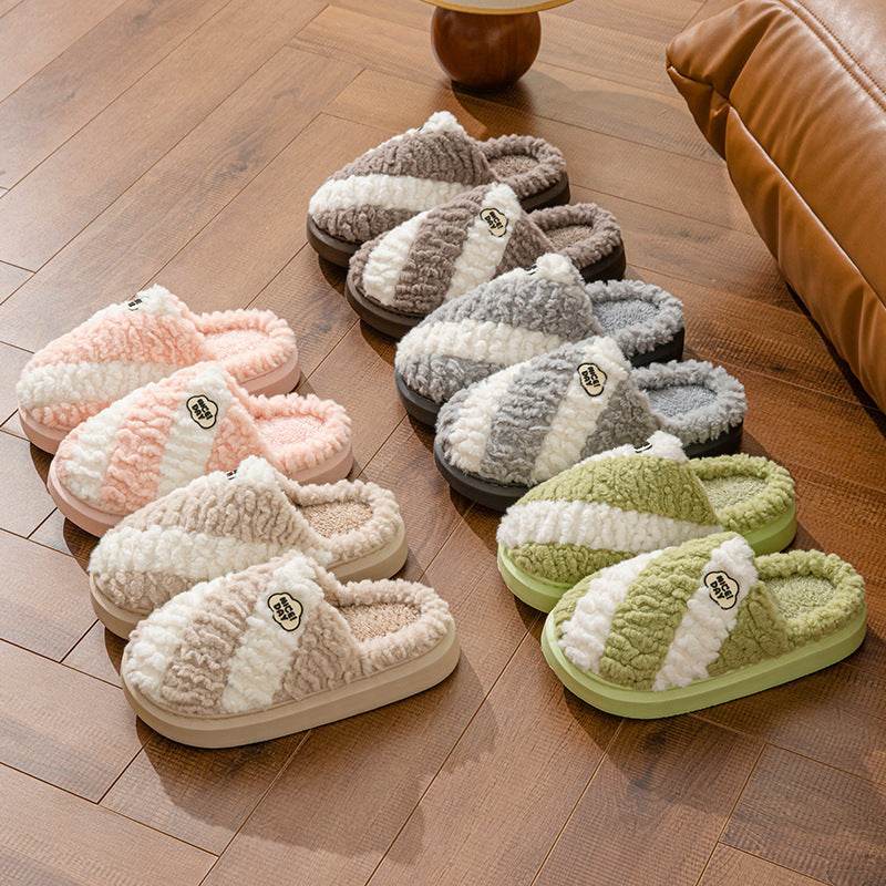 Fashion Color-matching Home Slippers Non-slip Couple House Shoes Winter Warm Floor Bedroom Slipper For Women Men - Mubimart