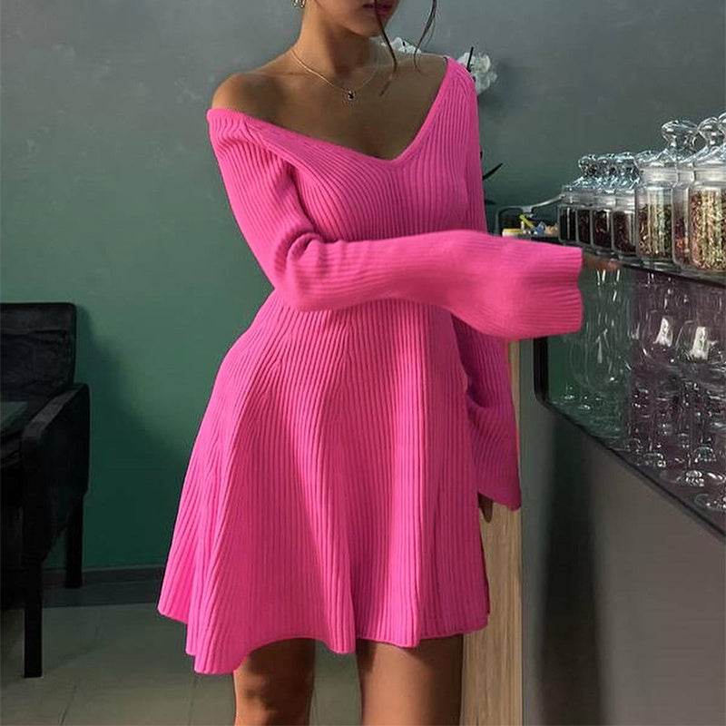 Sexy Slim V-Neck Long Sleeve Knitted Dress Fashion Tight High Elastic Ruffle A-Line Short Dresses Y2K Skirt Womens Clothing - Mubimart