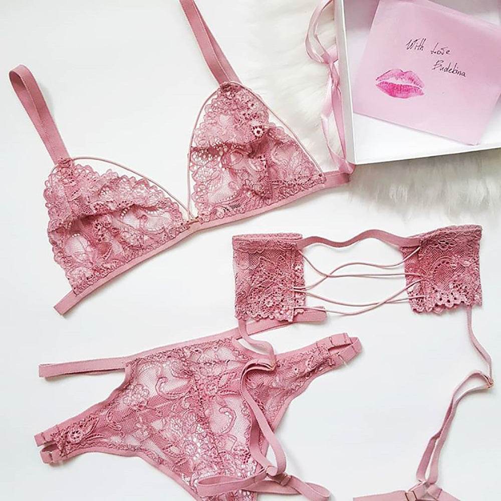 Three-Piece Sexy Lace Hollow Perspective Garter Belt - Mubimart