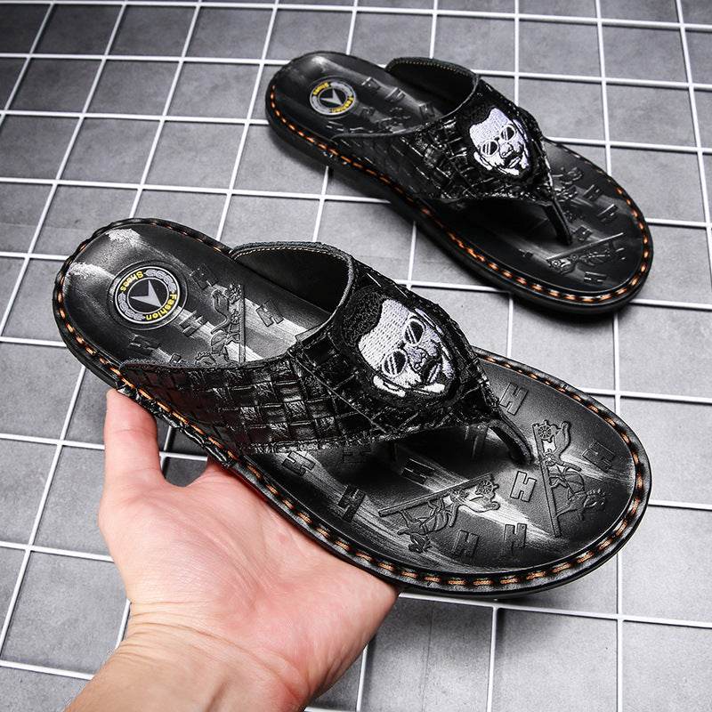 Leather Non-slip Slippers Men Outdoor Flip Flops Sandals - Mubimart