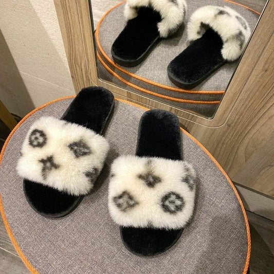 PVC word leopard wool slippers women - Mubimart