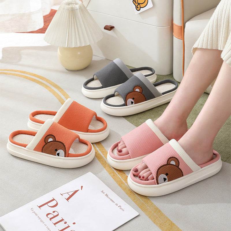 Cute Cartoon Bear Linen Slippers For Women Indoor Non-slip Sweat-absorbent Breathable Slip On Floor Bedroom Slipper House Shoes - Mubimart