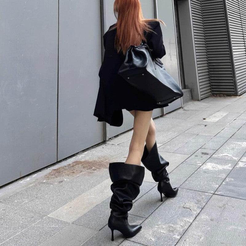Women's Zipper Pleated Over The Knee Boots - Mubimart