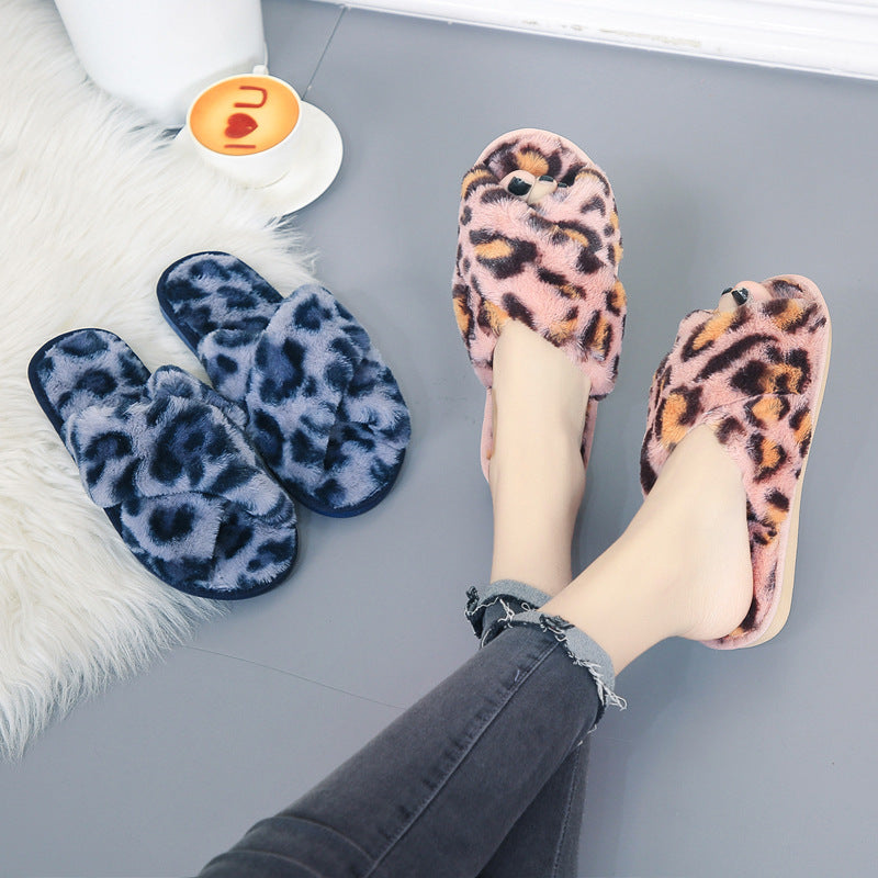 Cross-strap Fuzzy Slippers Leopard Plush House Shoes Flat Bedroom Slippers Slippers For Women - Mubimart -  