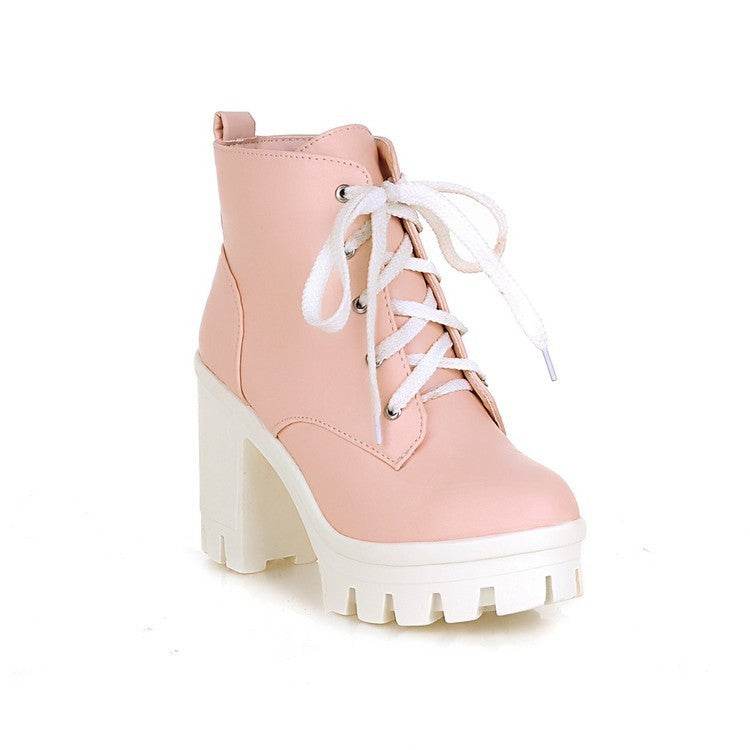Ladies Lace Up High Heels New Sexy Thick Sole Punk Winter Snowshoes - Mubimart