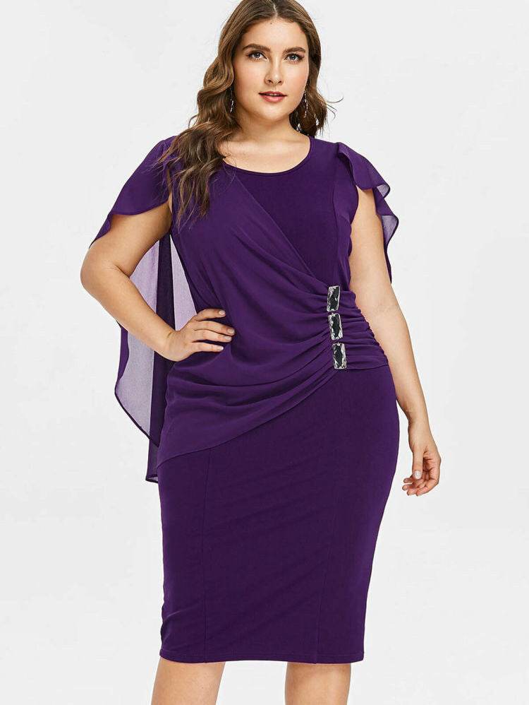 Round Neck Short Sleeve Chiffon Shawl Tight-Fitting Plus Size Dress Women - Mubimart