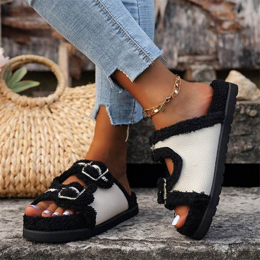 Autumn Winter Slipper Thick Sole Buckle Lamb Swool Slippers For Women Outdoor Gardern Indoor Lazy Plush Shoes - Mubimart