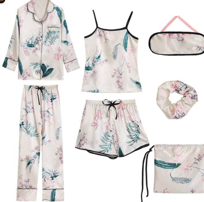 Simulated Silk Striped Seven-piece Loungewear - Mubimart