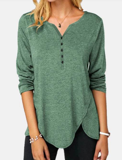 Long Sleeve V-neck Single-breasted Plus Size T-shirt - Mubimart
