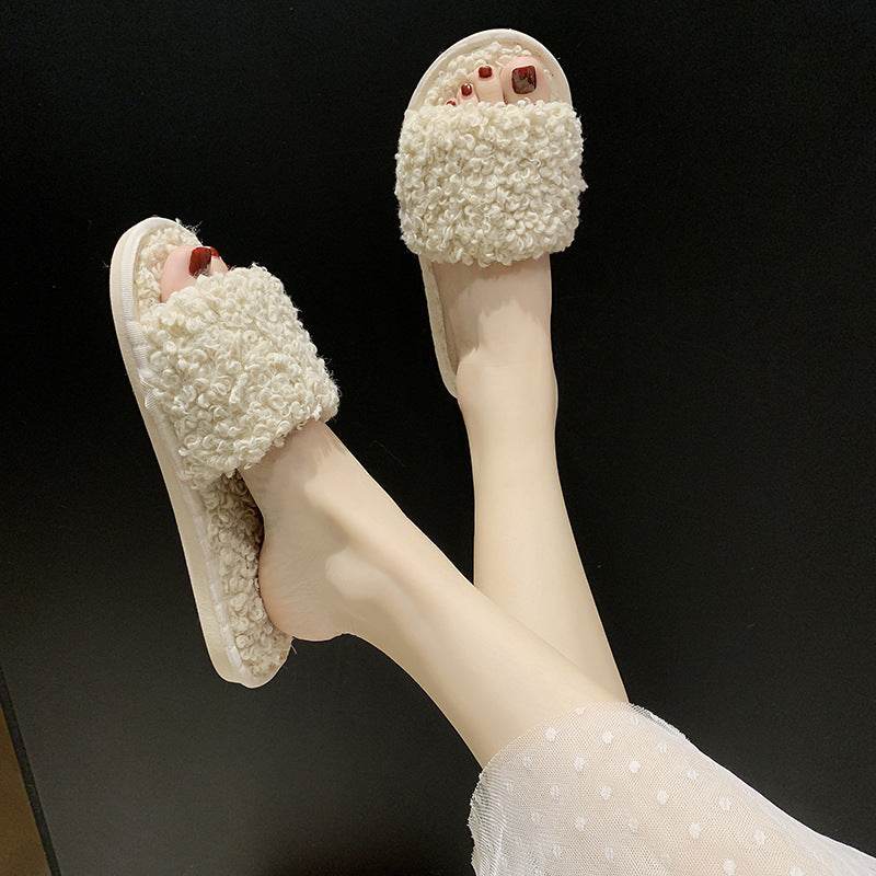 Sheep curl women slippers suitable for non-slip cotton slippers - Mubimart