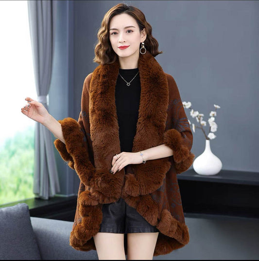 Imitation Rex Rabbit Fur Collar Shawl Cape Women's Plus Size - Mubimart