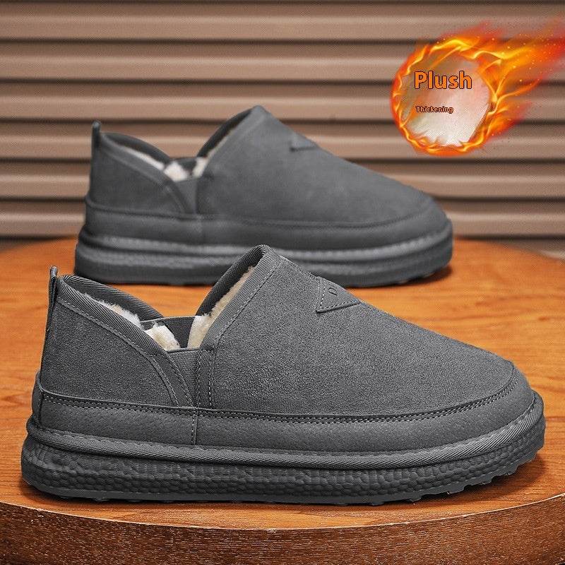 V-cut Fleece Snow Boots Winter Warm Round-toed Suede Ankle Boot Fashion Simple Non-slip Flat Cotton Shoes For Men - Mubimart
