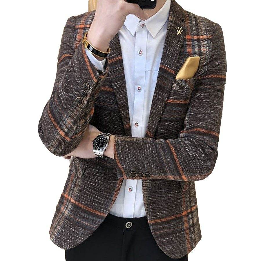 Men Blazer Slim Fit Designs Male Plaid Blazer - Mubimart