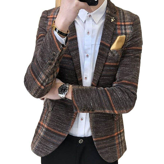Men Blazer Slim Fit Designs Male Plaid Blazer - Mubimart