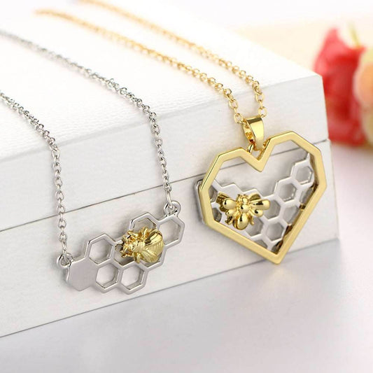 Honeycomb Bee Heart Pendant Necklaces For Women Gold Silver Color Animal Choker Necklace Fashion Wedding Jewelry - Mubimart