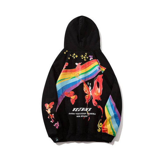 Hip Hop Rainbow Mens Streetwear Hoodie Sweatshirt Butterfly Print Pullover Cotton Casual Hooded Sweatshir Hipster Colorful - Mubimart