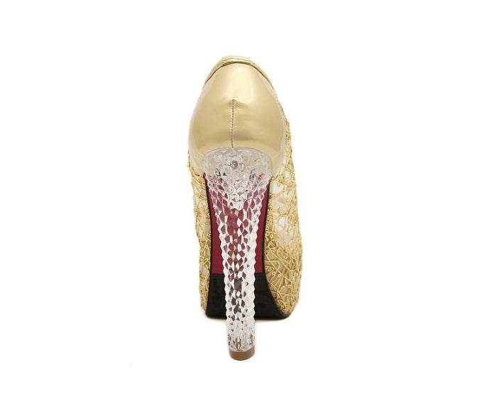 Crystal Peep Toe Mesh Hollow High Heels - Mubimart