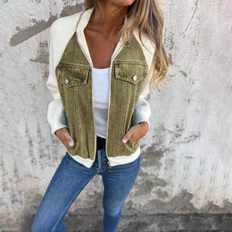 Fashion Denim Patchwork Jacket Casual Hooded Zipper Jacket Women's Clothing - Mubimart