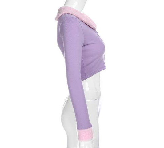 Purple Women Long Sleeve Crop Top - Mubimart
