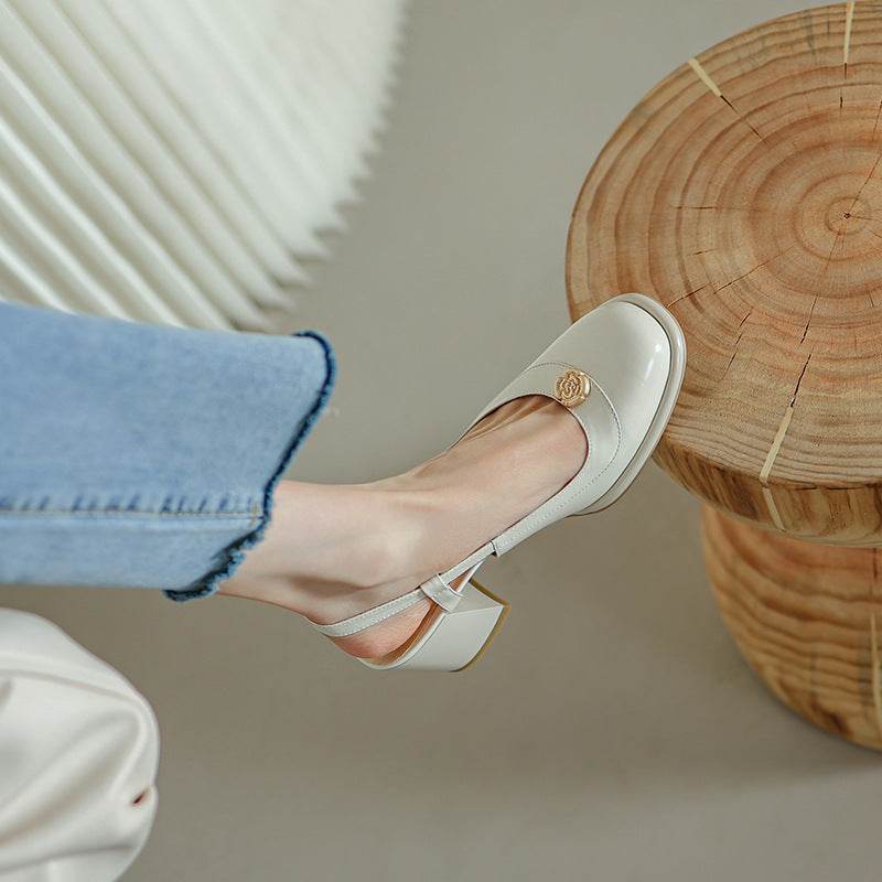Thick High Heel Cowhide Toe Cap Slingback Sandals Women - Mubimart