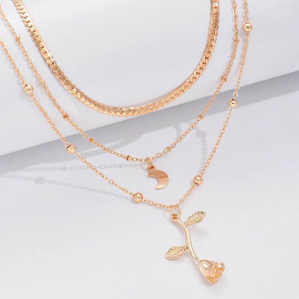 Bohemia Multilayer Moon Gold Color Pendant Necklaces For Women Rose Flower Choker Necklace 2025 Fashion Jewelry Party Gift Valentine's Day Gifts - Mubimart