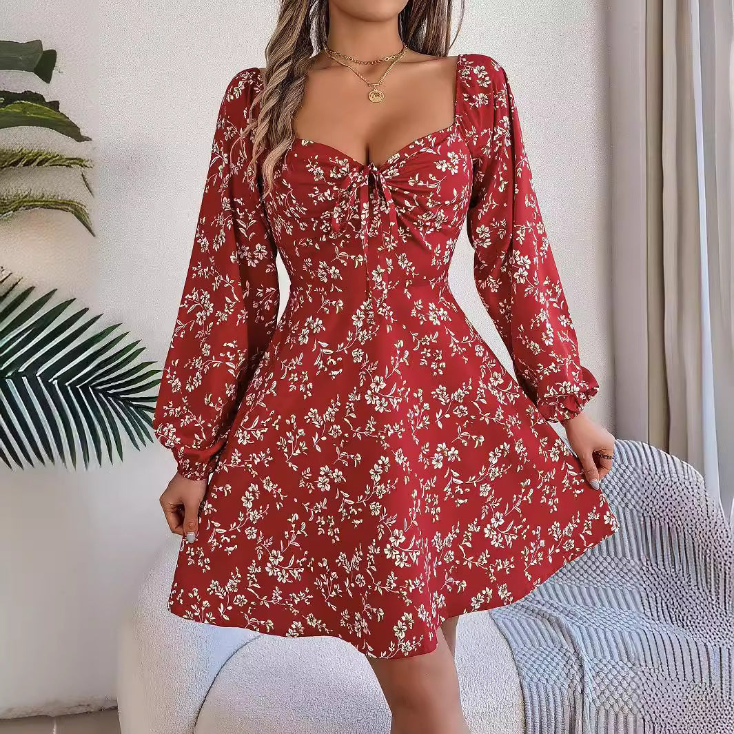 Fashion Floral Print Lantern Sleeve Dress Casual Sexy Tie Square Neck Long Sleeve A-Line Dress Women's Clothing - Mubimart -  