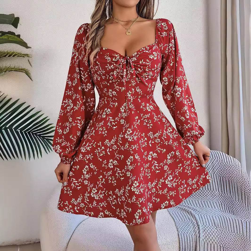 Fashion Floral Print Lantern Sleeve Dress Casual Sexy Tie Square Neck Long Sleeve A-Line Dress Women's Clothing - Mubimart
