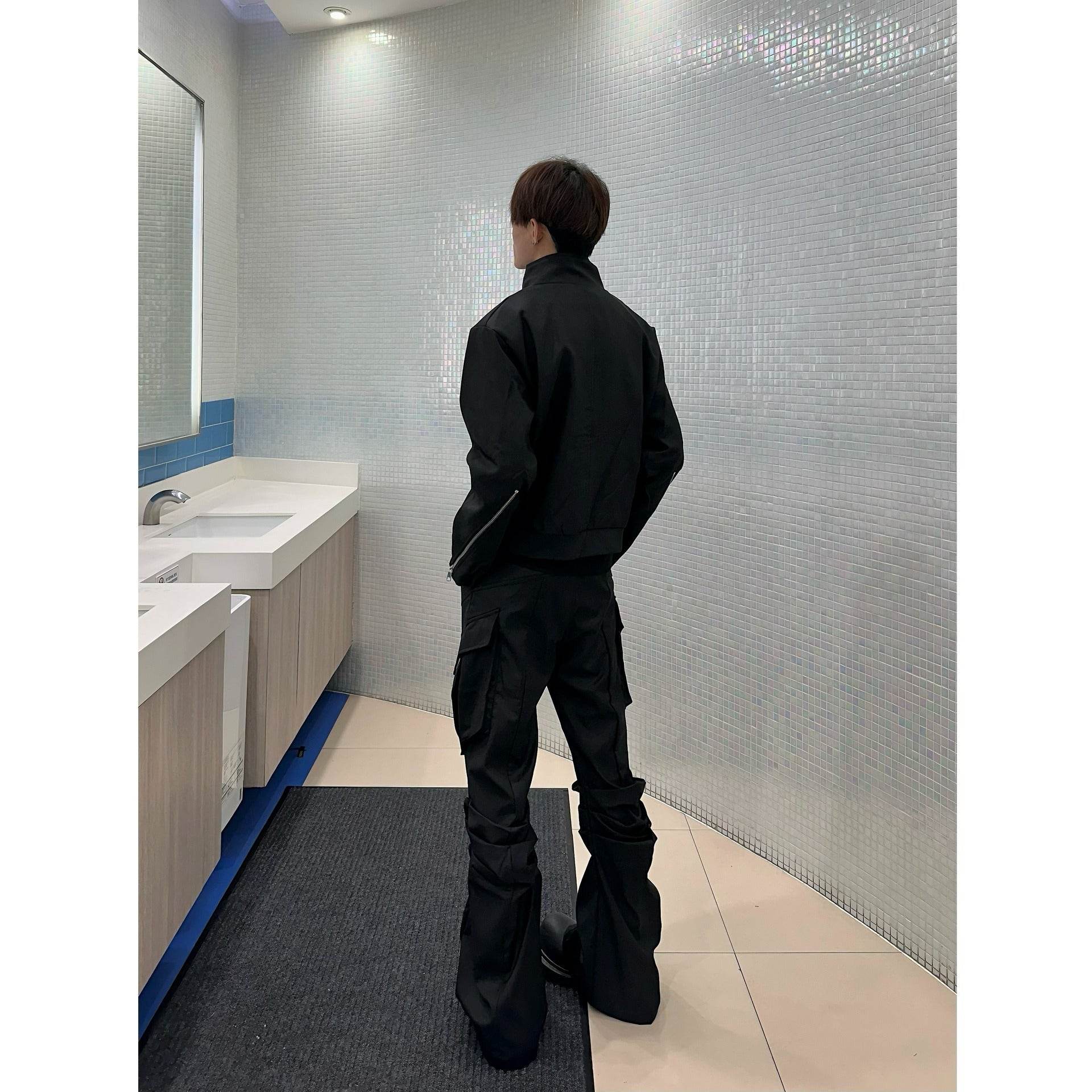Large Pocket Pleated Black Cargo Pants Men - Mubimart