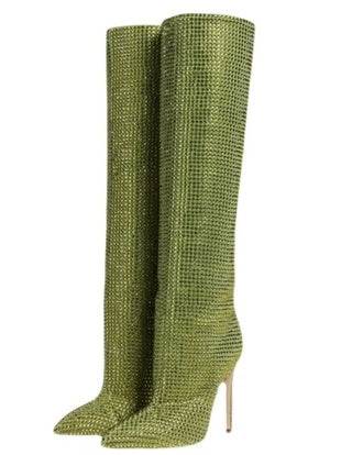 Women's Fashion Pointed Toe Stiletto Rhinestone Tall Boots - Mubimart