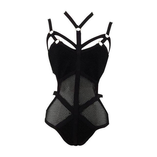 Black Rayon Cross Halter Neck Grid Perspective Knitted Sexy Ladies New Fashion Bodycon Bandage Bodysuits - Mubimart