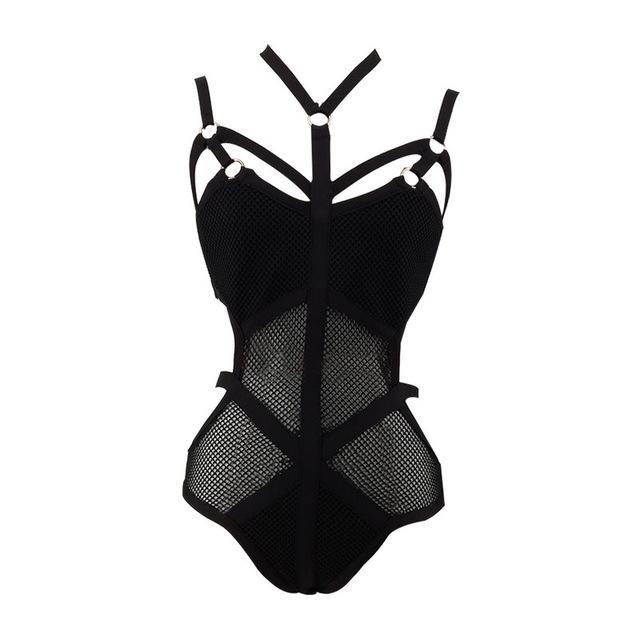 Black Rayon Cross Halter Neck Grid Perspective Knitted Sexy Ladies New Fashion Bodycon Bandage Bodysuits - Mubimart -  