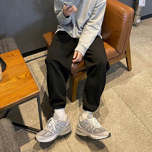 Men's Knitted Gray Sports Wide Legs Drawstring Jogger Pants - Mubimart