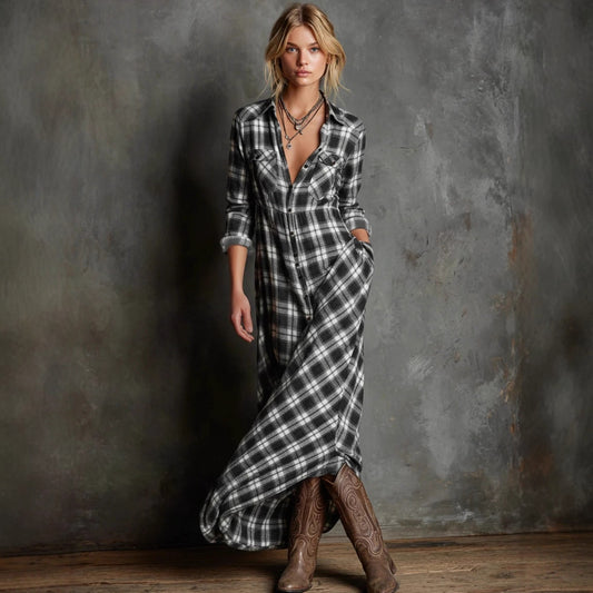 Casual Long Sleeve Lapel Plaid Long Dress