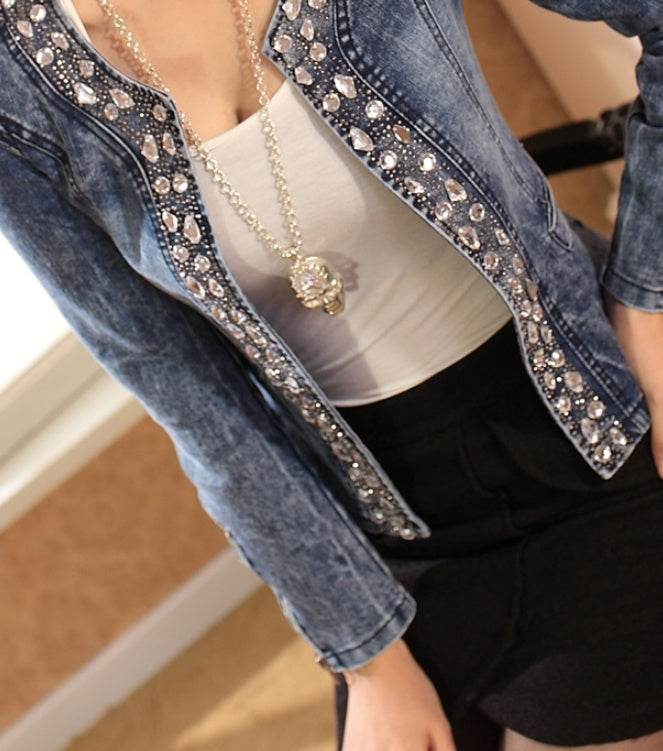 Spot stretch denim jacket rhinestone sequins retro short coat denim jacket denim jacket - Mubimart