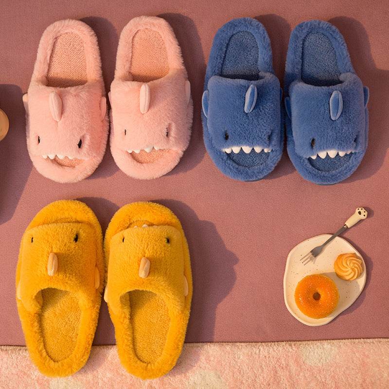 Shark Slippers Fluffy Slippers For Women Couple House Shoes Winter - Mubimart